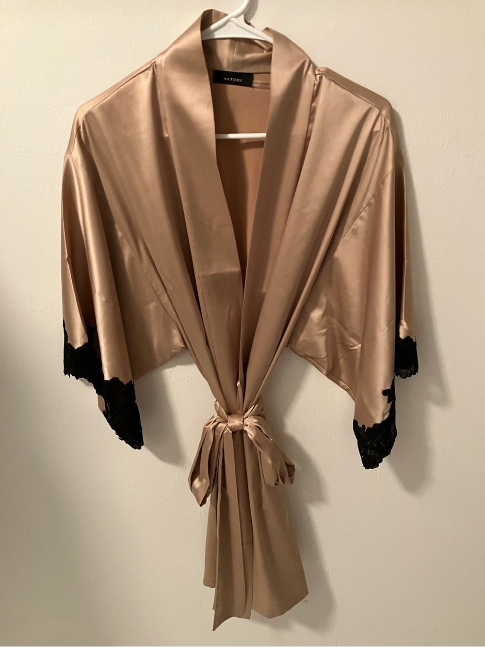 Champagne Satin Kimono Robe with Black Lace Detailing